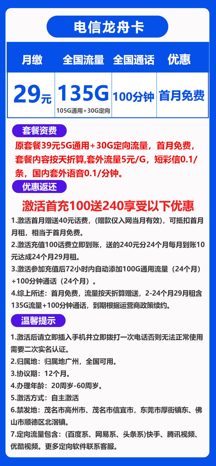 电信龙舟卡29元135G+100分钟（广东省内）