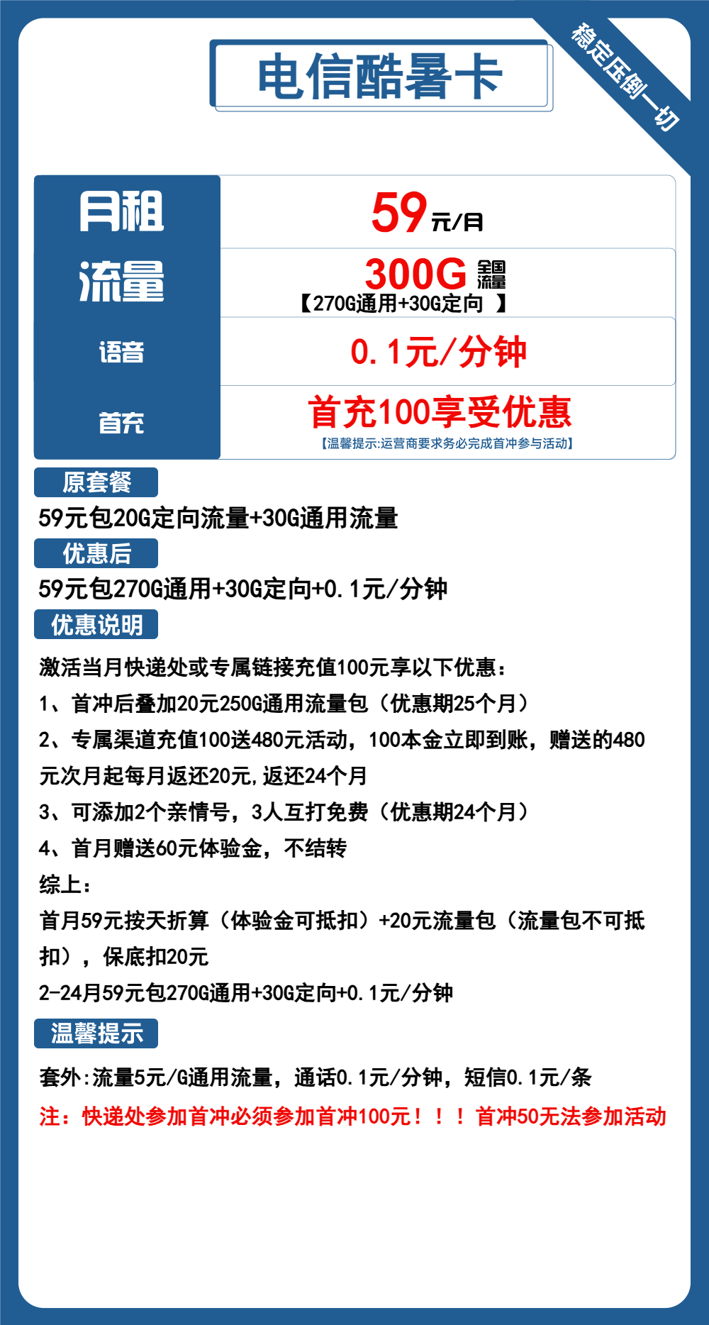 电信酷暑卡59元包270G通用+30G定向+通话0.1元/分钟