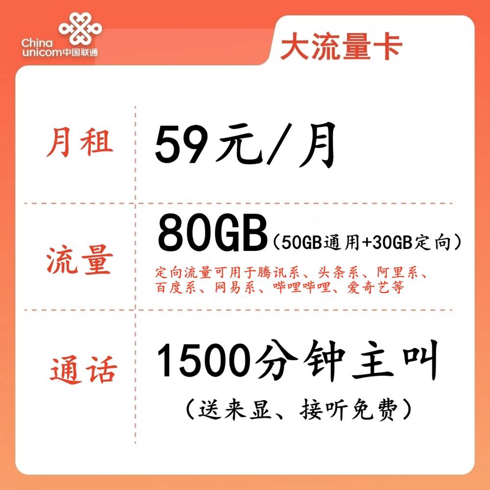 LH靓号AAA+AAAA(59)59元80G全国流量+1500分钟国内通话（长期可续）