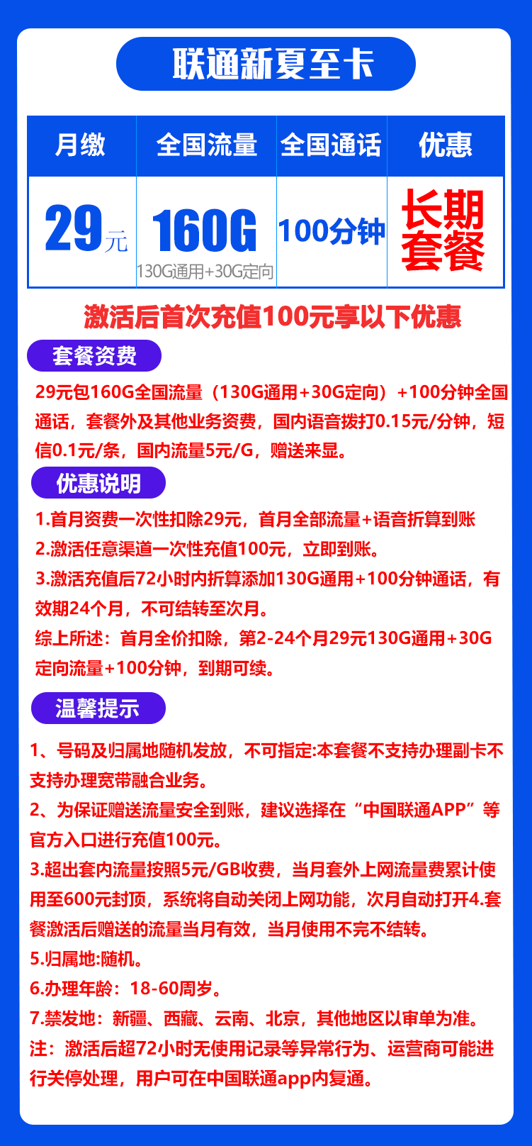 联通新夏至卡29元160G+100分钟（长期套餐）