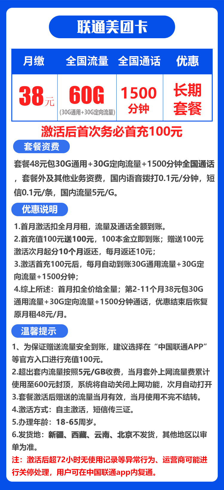 联通美团卡38元60G+1500分钟（短信上传3证，自主激活）