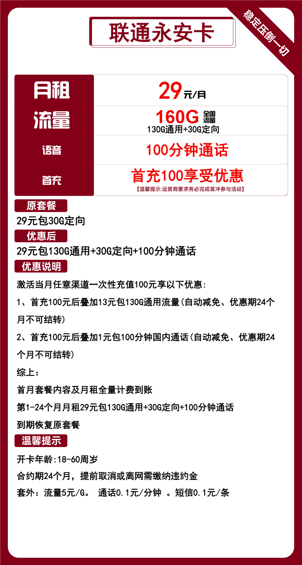 联通永安卡29元包130G通用+30G定向+100分钟通话