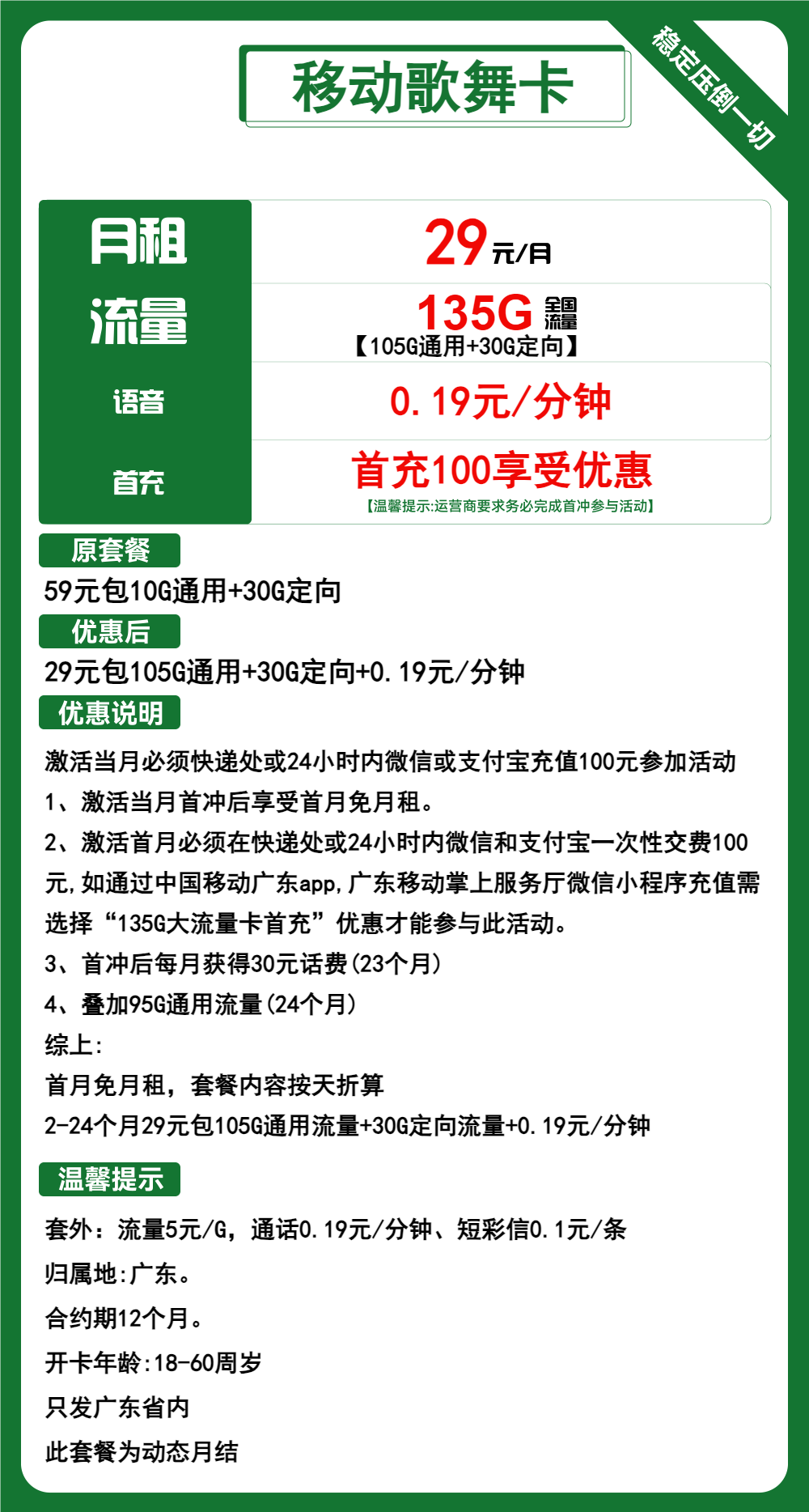 移动歌舞卡29元包105G通用+30G定向+通话0.19元/分钟