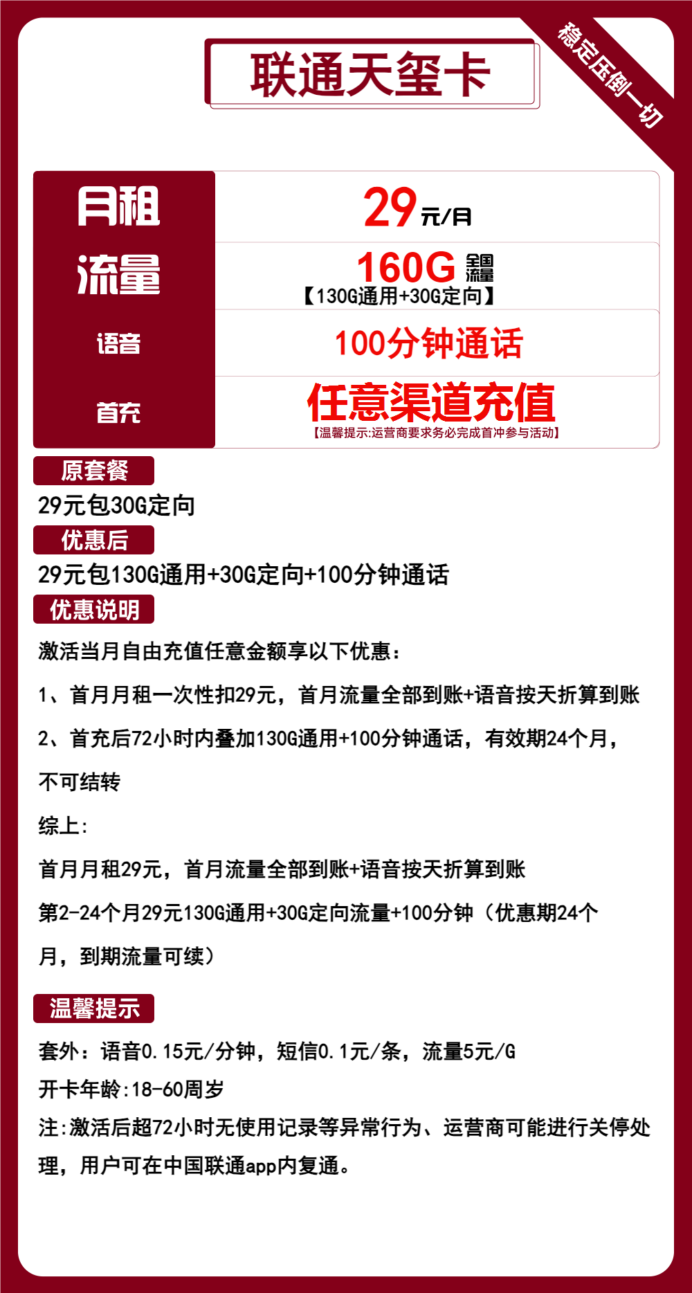 联通天玺卡29元包130G通用+30G定向+100分钟通话