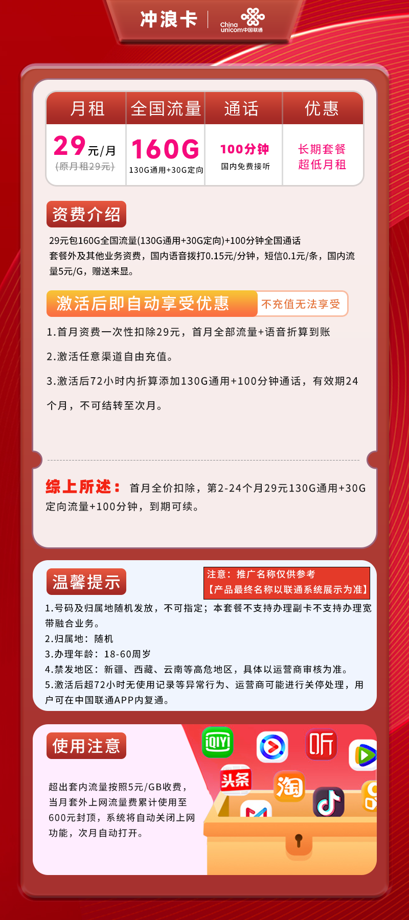 联通冲浪卡29元160G(130G通用+30G定向)+100分钟（长期套餐）