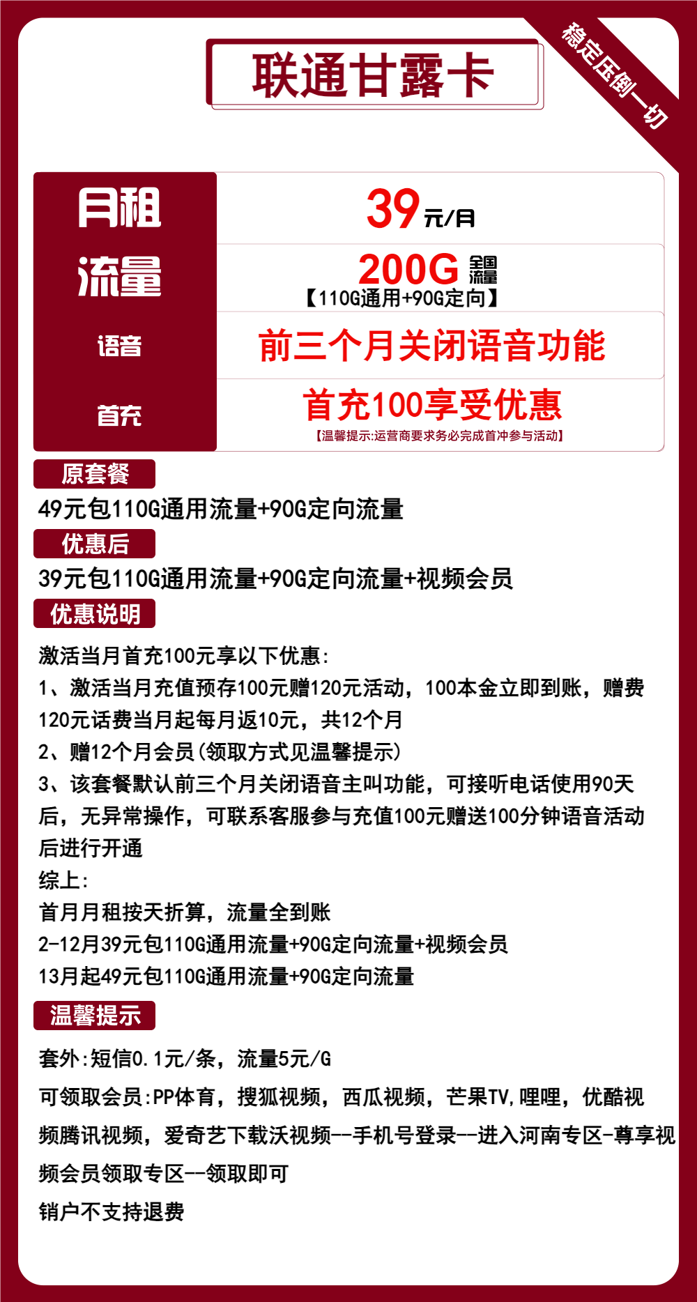 联通甘露卡39元包110G通用+90G定向+无语音功能+视频会员