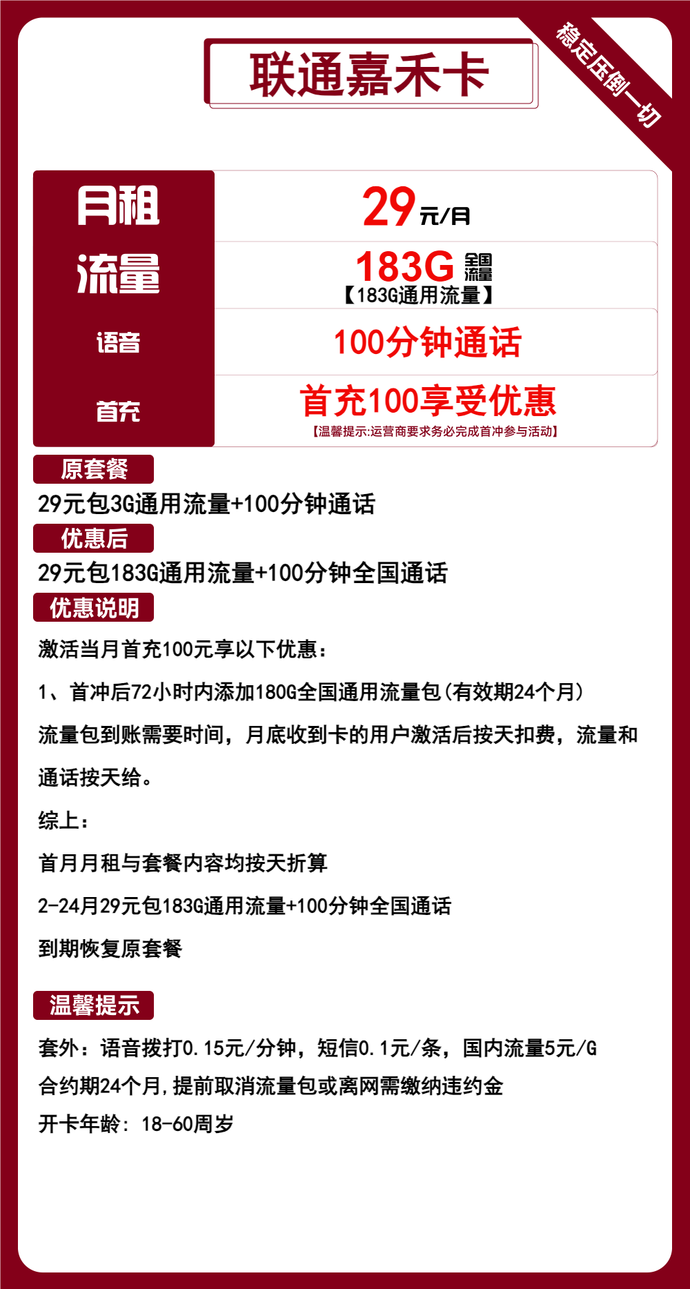 联通嘉禾卡29元包183G通用+100分钟通话