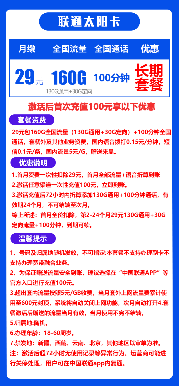 联通新太阳卡29元160G+100分钟（长期套餐）