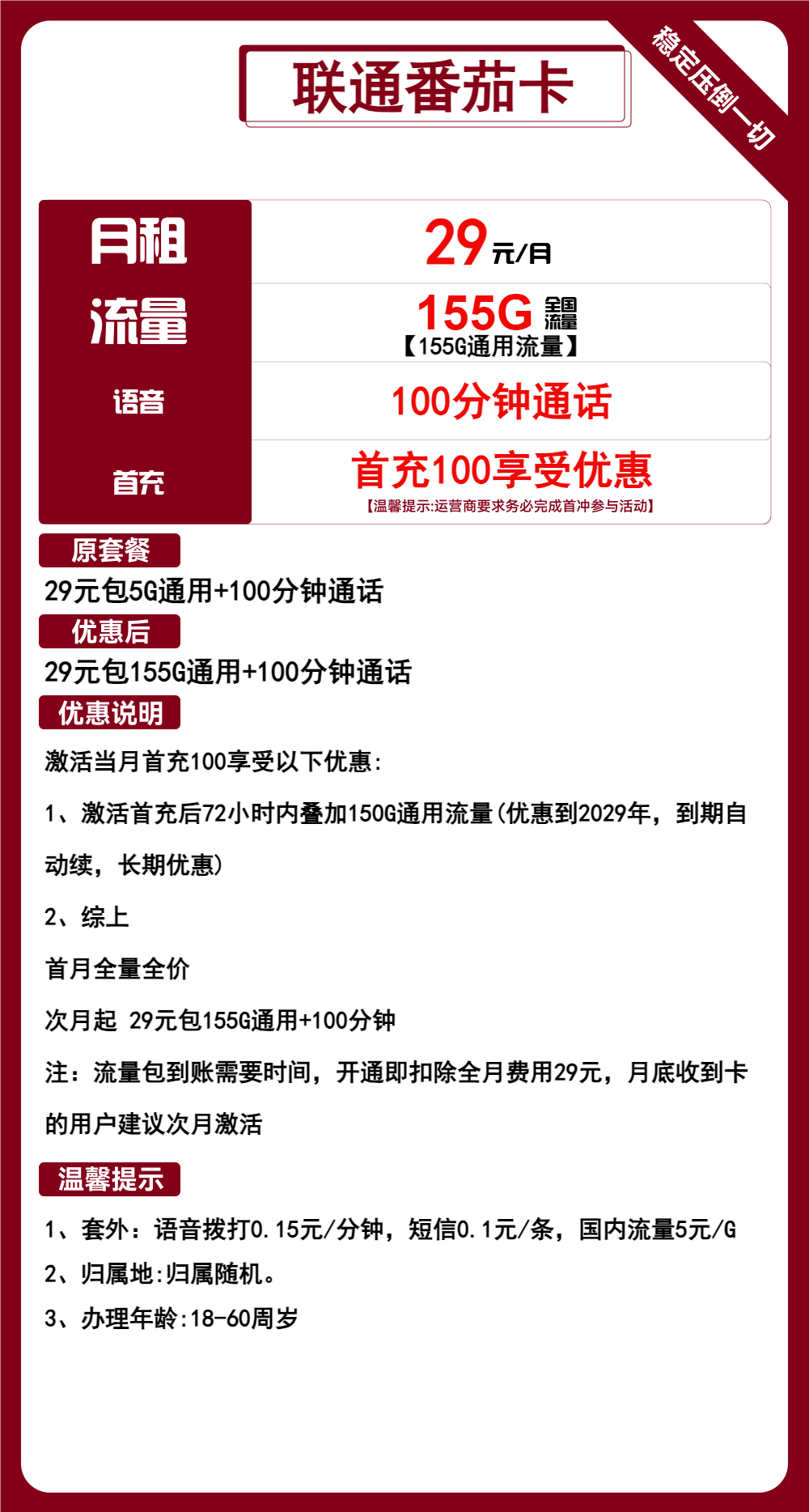 联通番茄卡29元包155G通用+100分钟通话