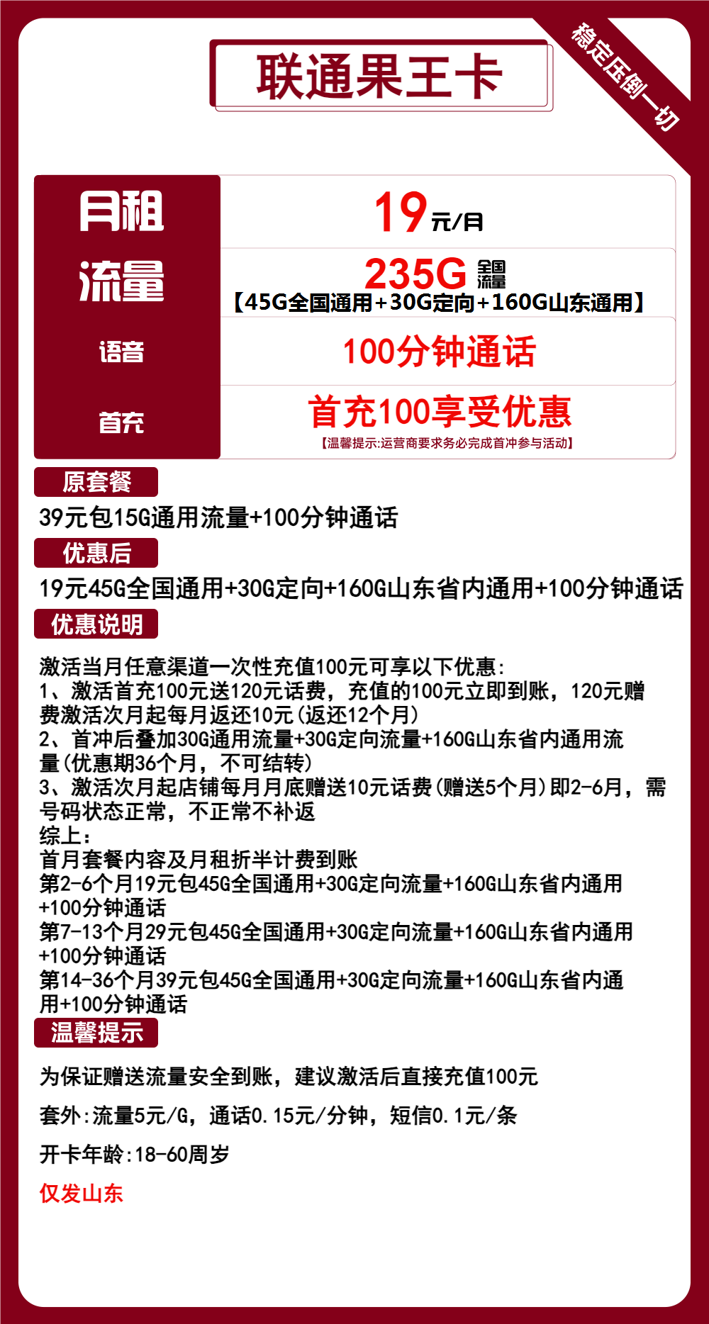 联通果王卡19元包45G全国通用+30G定向+160G山东通用+100分钟