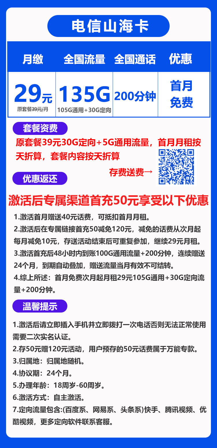 电信山海卡29元135G+200分钟（长期套餐，全国无禁区）