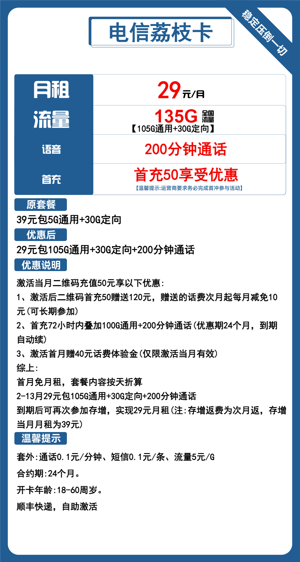 电信荔枝卡29元包105G通用+30G定向+200分钟通话