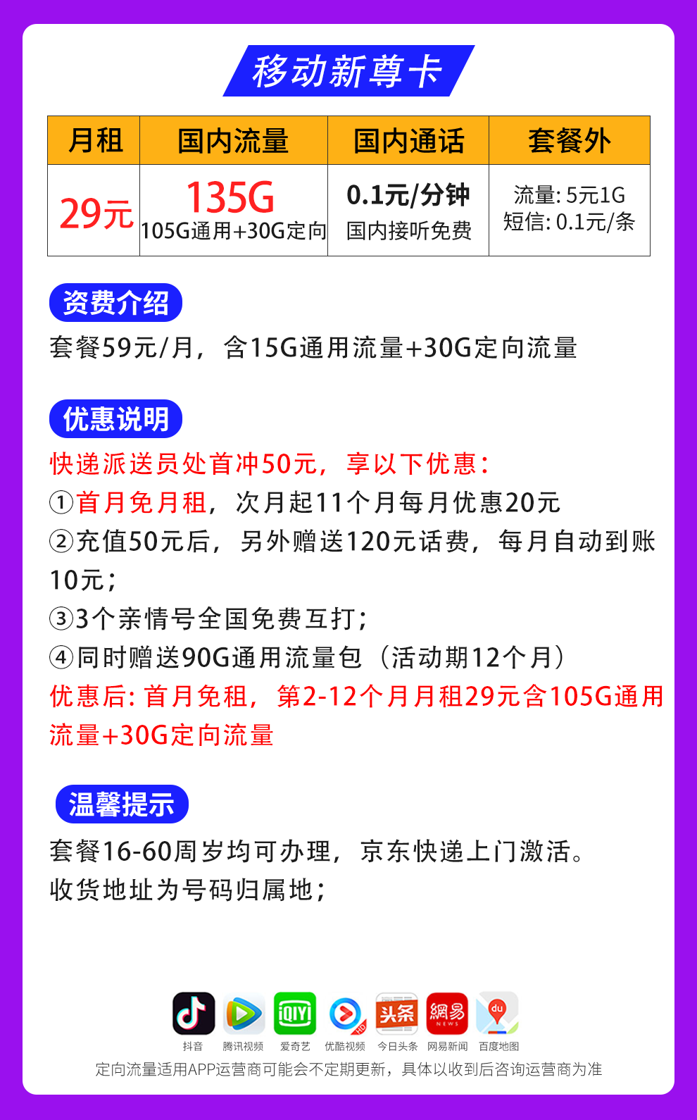 MF移动新尊卡29元135G+通话0.1/分钟。