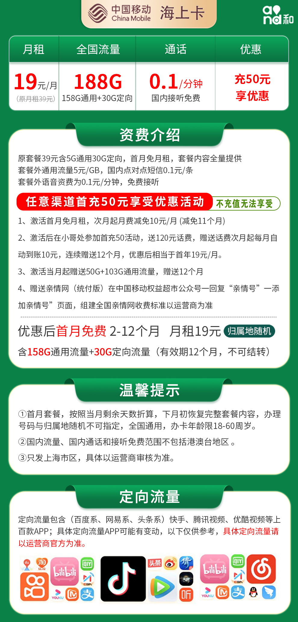 移动海上卡19元188GG【一年优惠，只发上海】