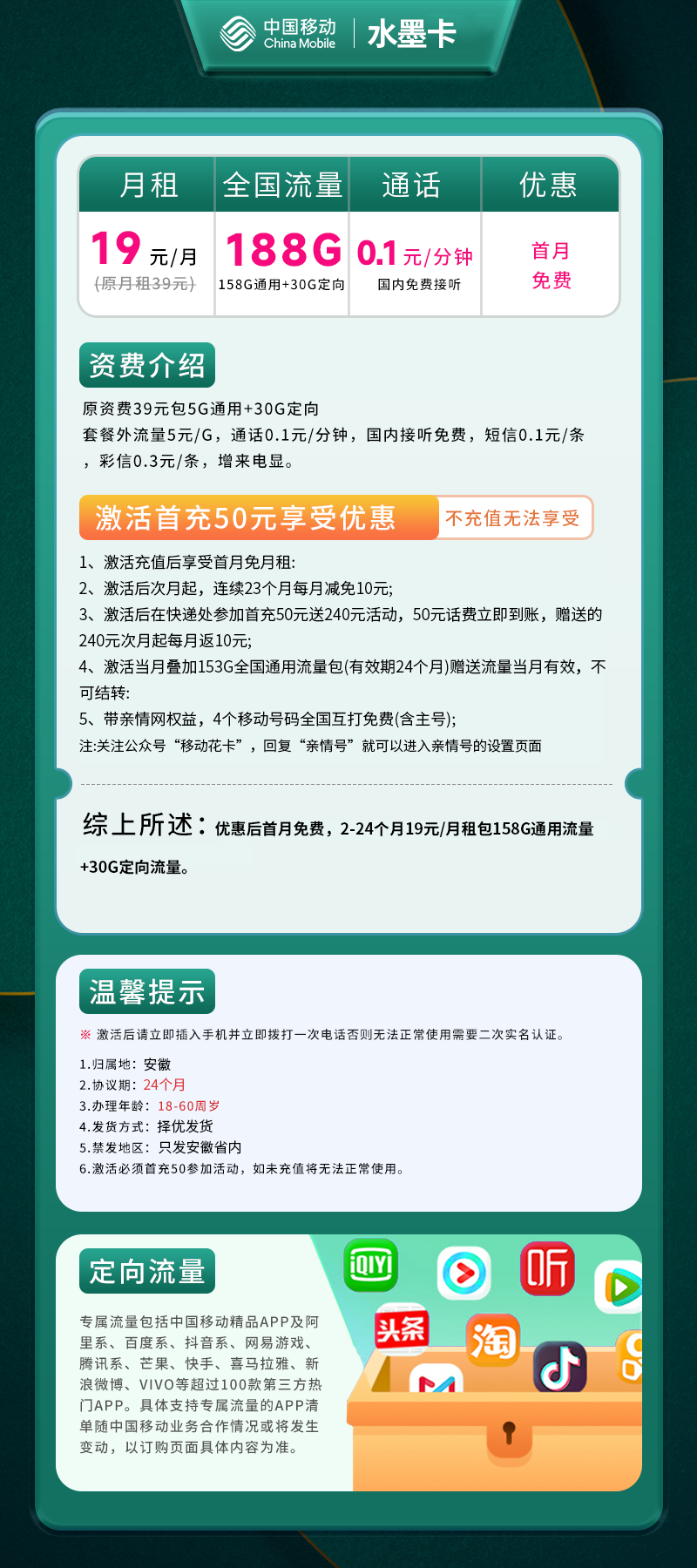 安徽移动卡19元188G(158G通用+30G定向)+0.1元/分钟