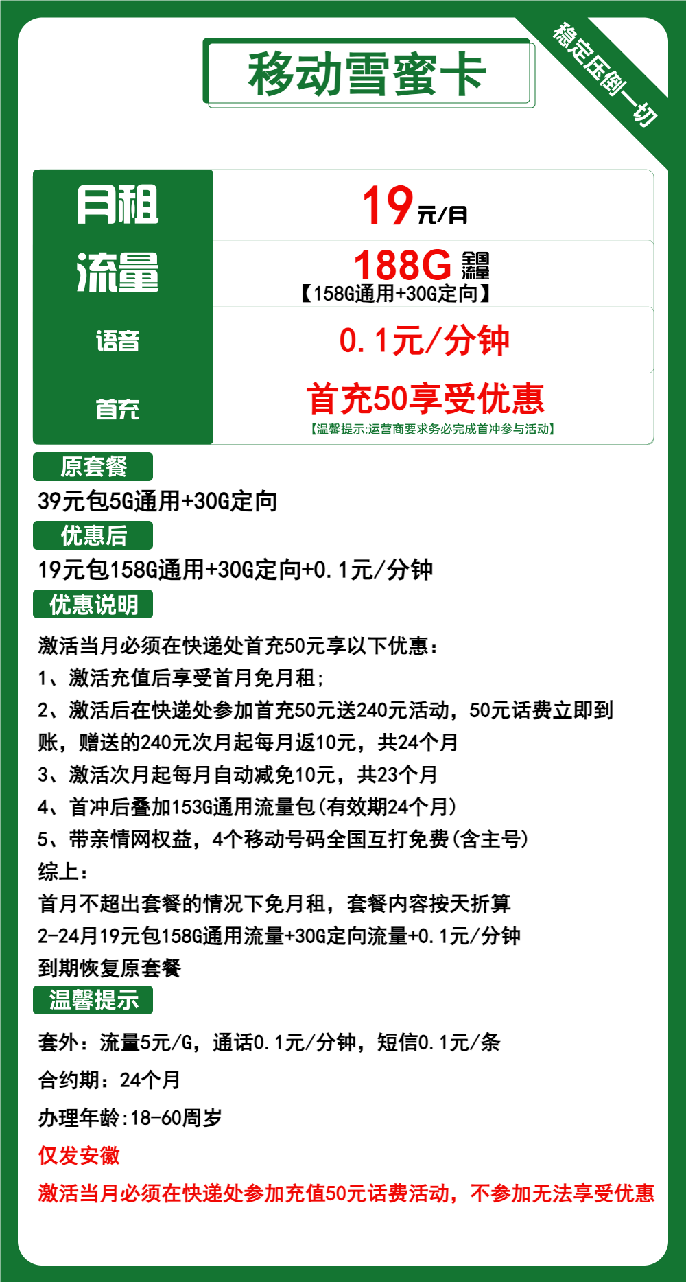 移动雪蜜卡19元包158G通用+30G定向+通话0.1元/分钟