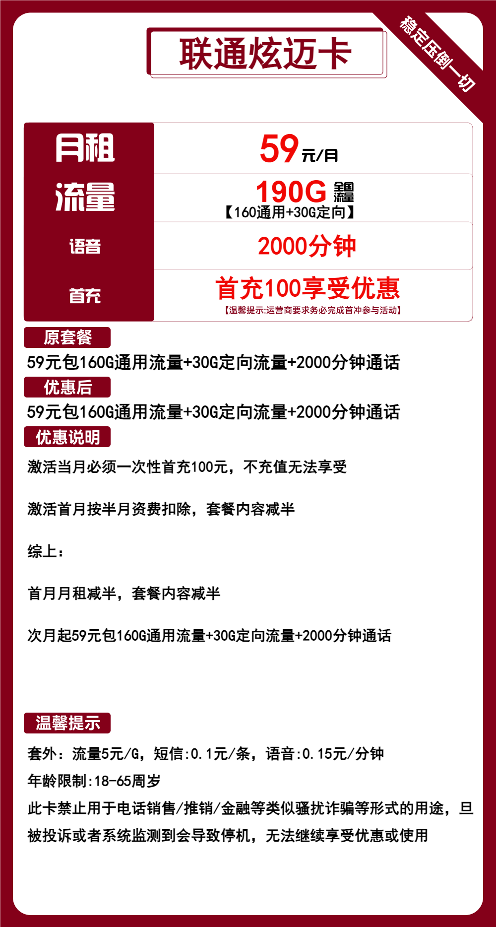 联通炫迈卡59元包160G通用+30G定向+2000分钟通话