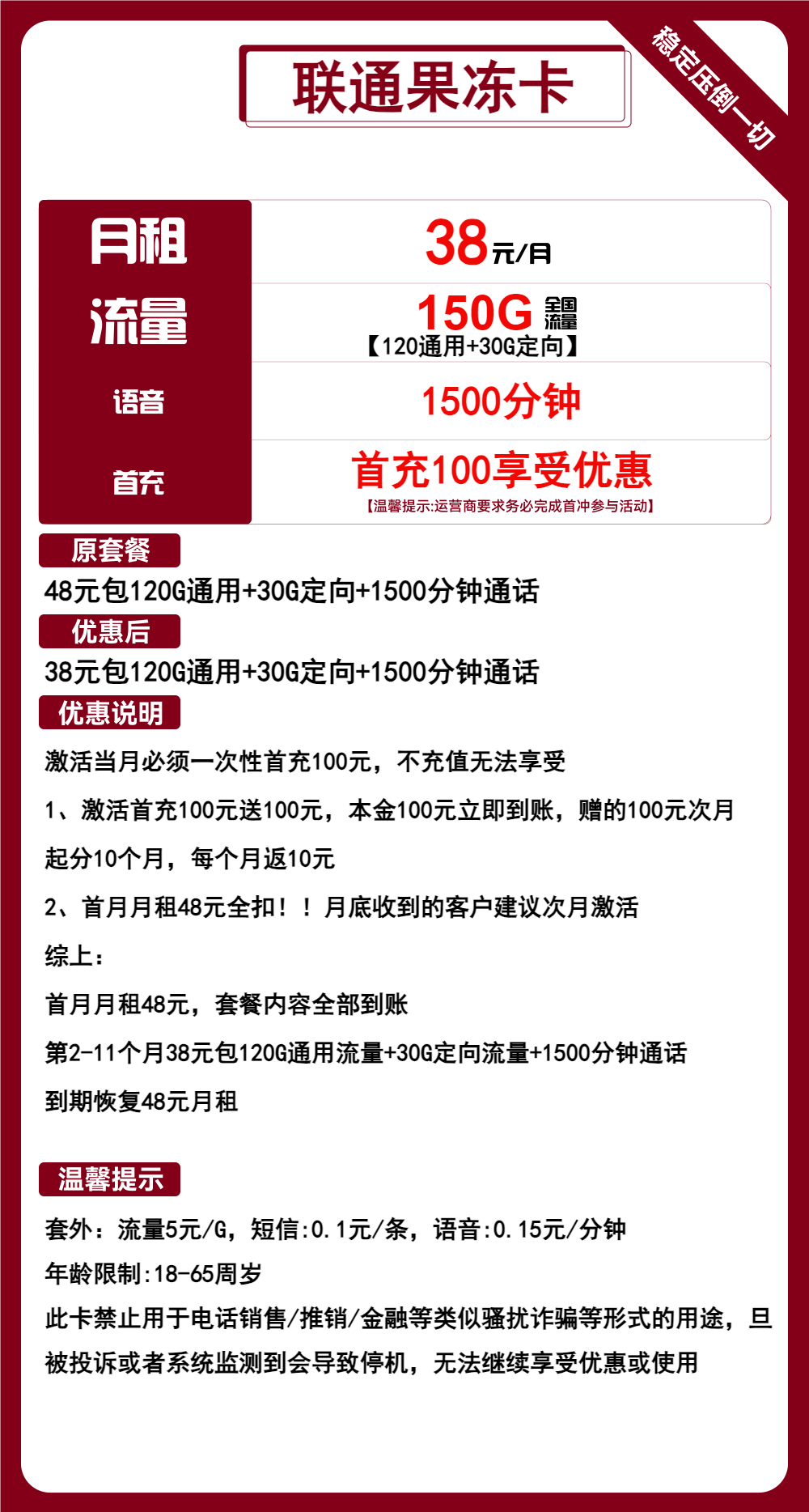 联通果冻卡38元包120G通用+30G定向+1500分钟通话