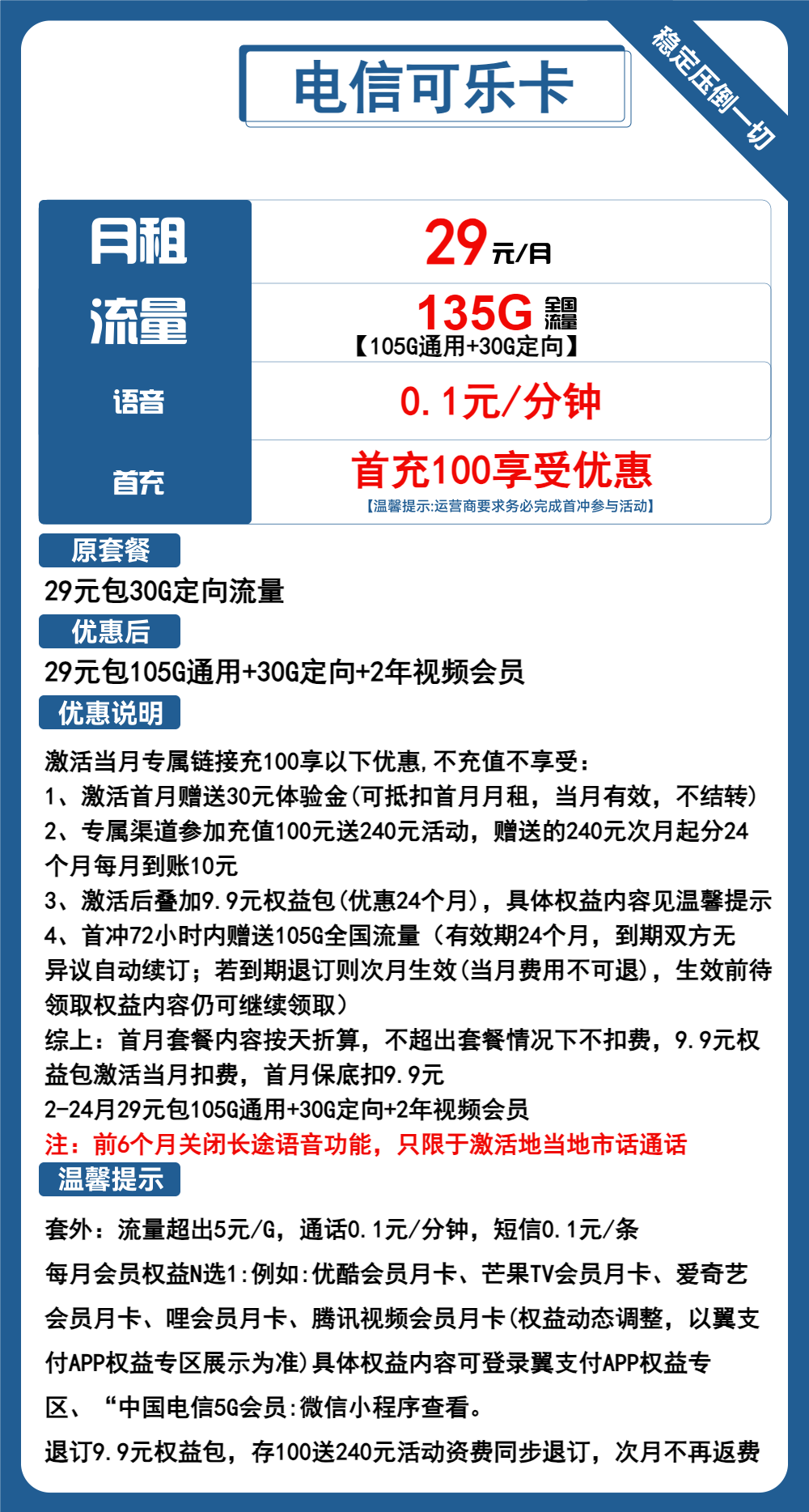 电信可乐卡29元包105G通用+30G定向+通话0.1元/分钟+会员