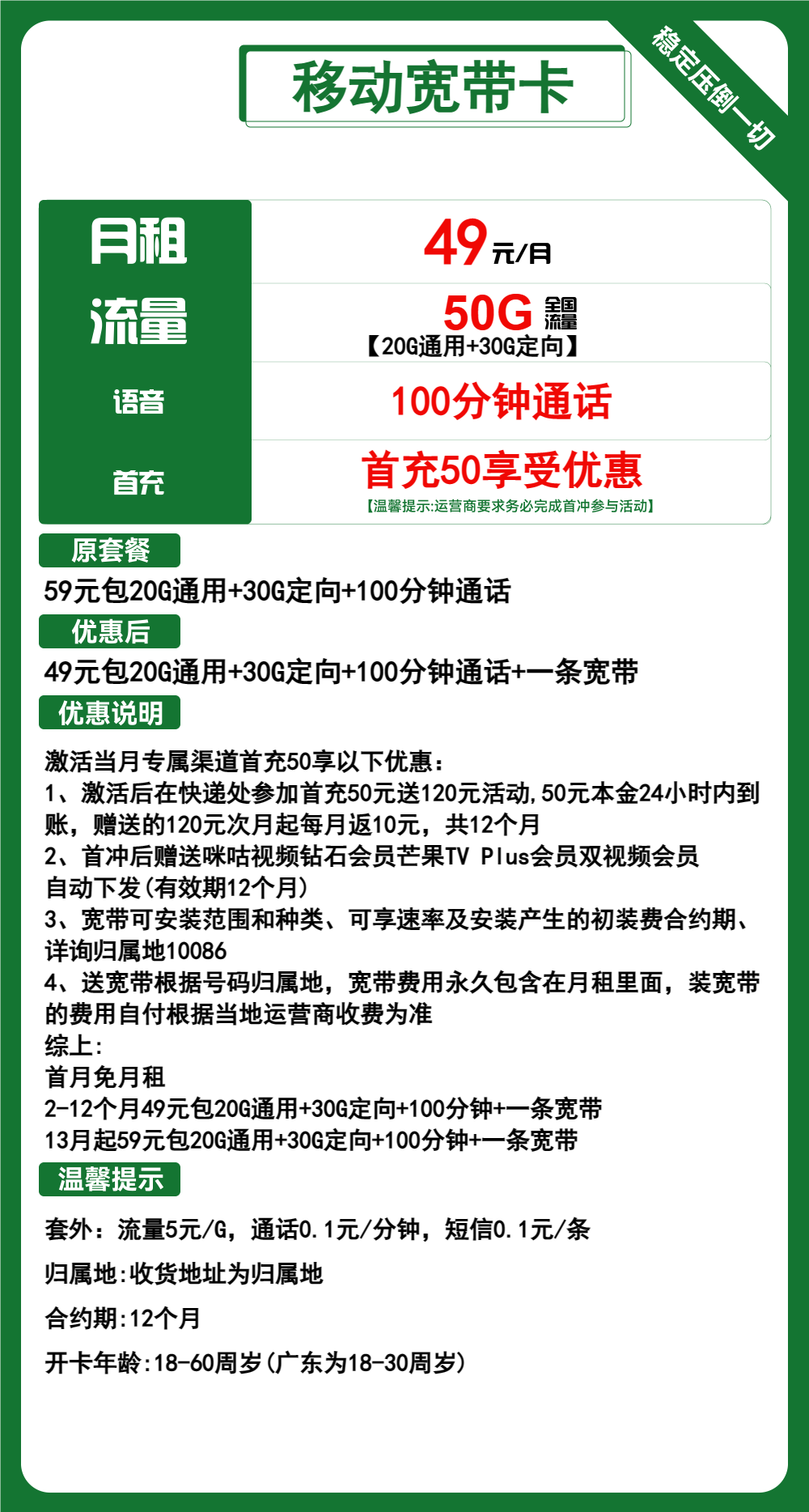 移动宽带卡49元包20G通用+30G定向+100分钟+宽带+会员