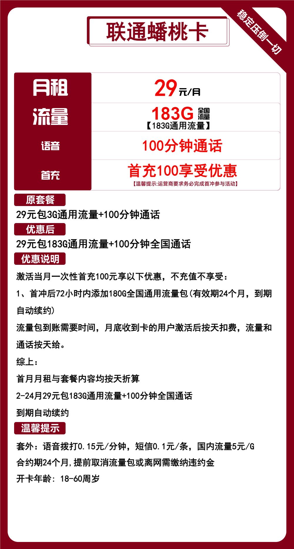 联通蟠桃卡29元包183G通用+100分钟通话