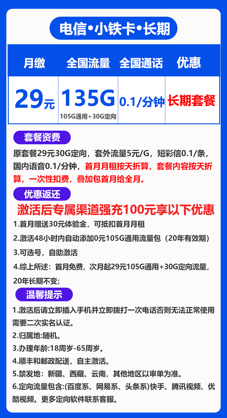 电信小铁卡29元135G+0.1元/分钟（自主激活，长期套餐，激活选号）