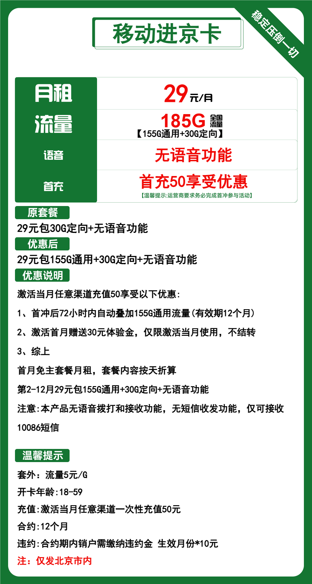 移动进京卡29元包155G通用+30G定向+无语音功能