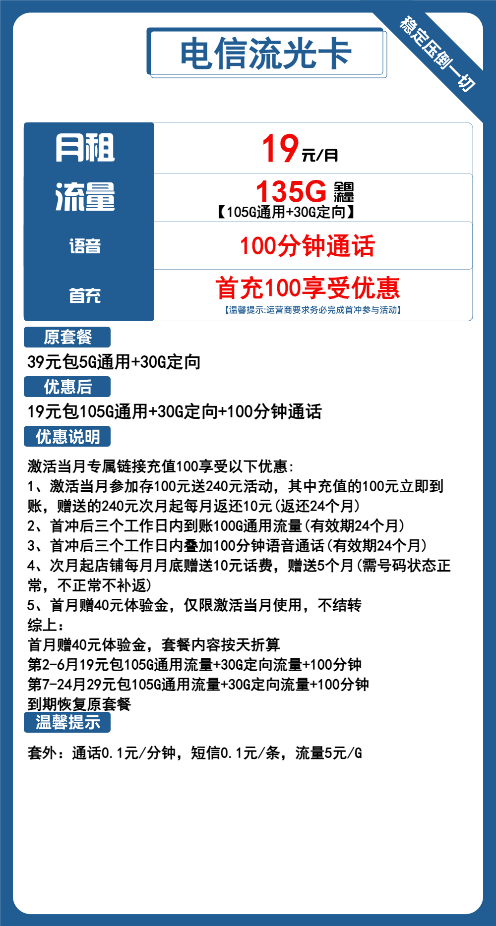 电信流年卡19元包105G通用+30G定向+100分钟通话