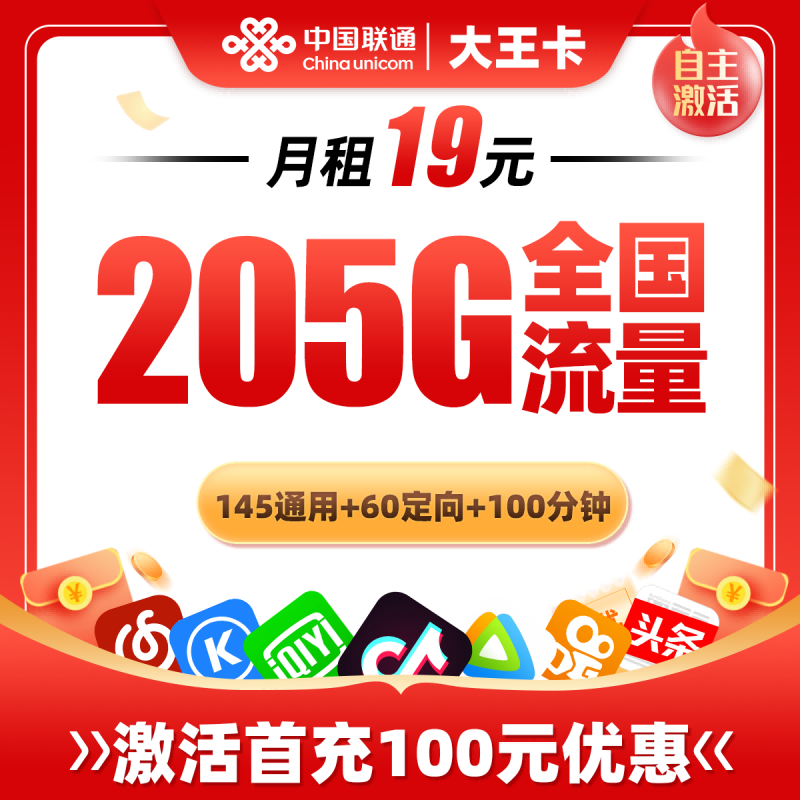 联通大王卡19元包145G通用流量+60G定向流量+100分钟通话