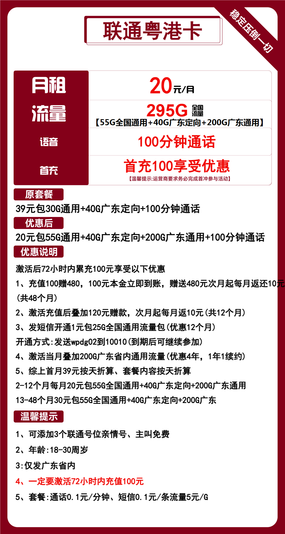 联通粤港卡20元包55全国通用+200G广东通用+40G广东定向+100分钟通话