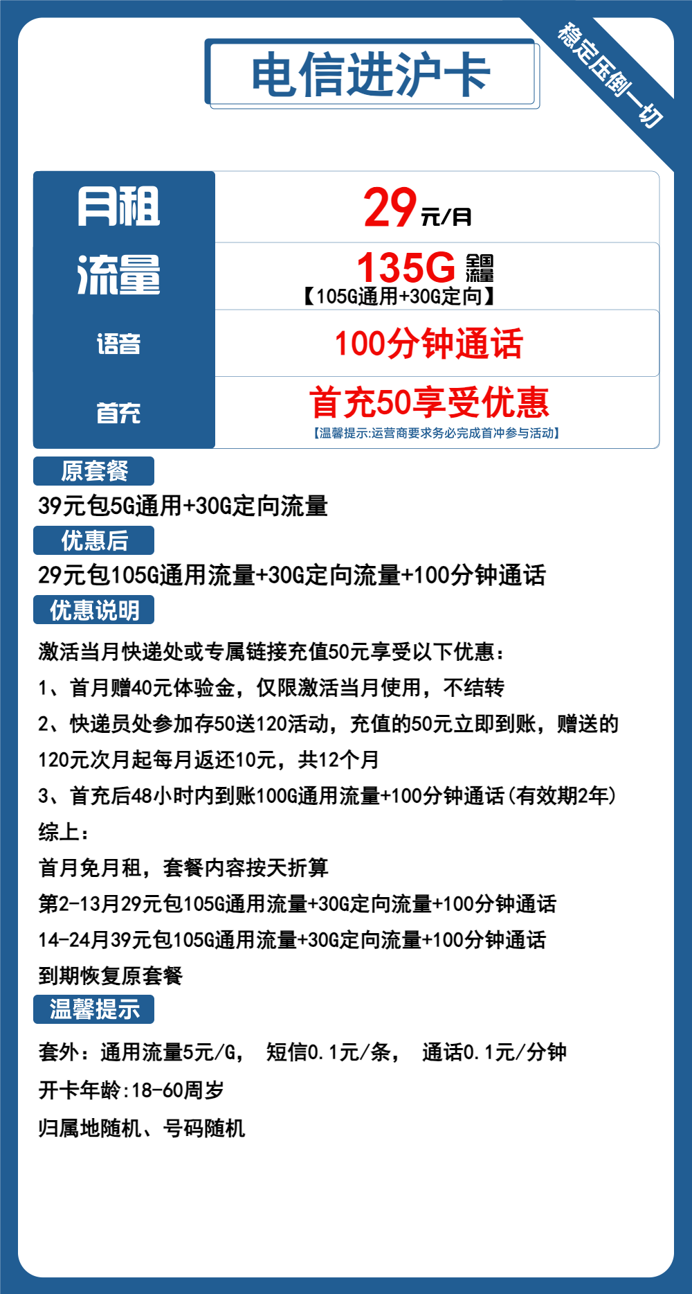 电信进沪卡29元包105G通用+30G定向+100分钟通话