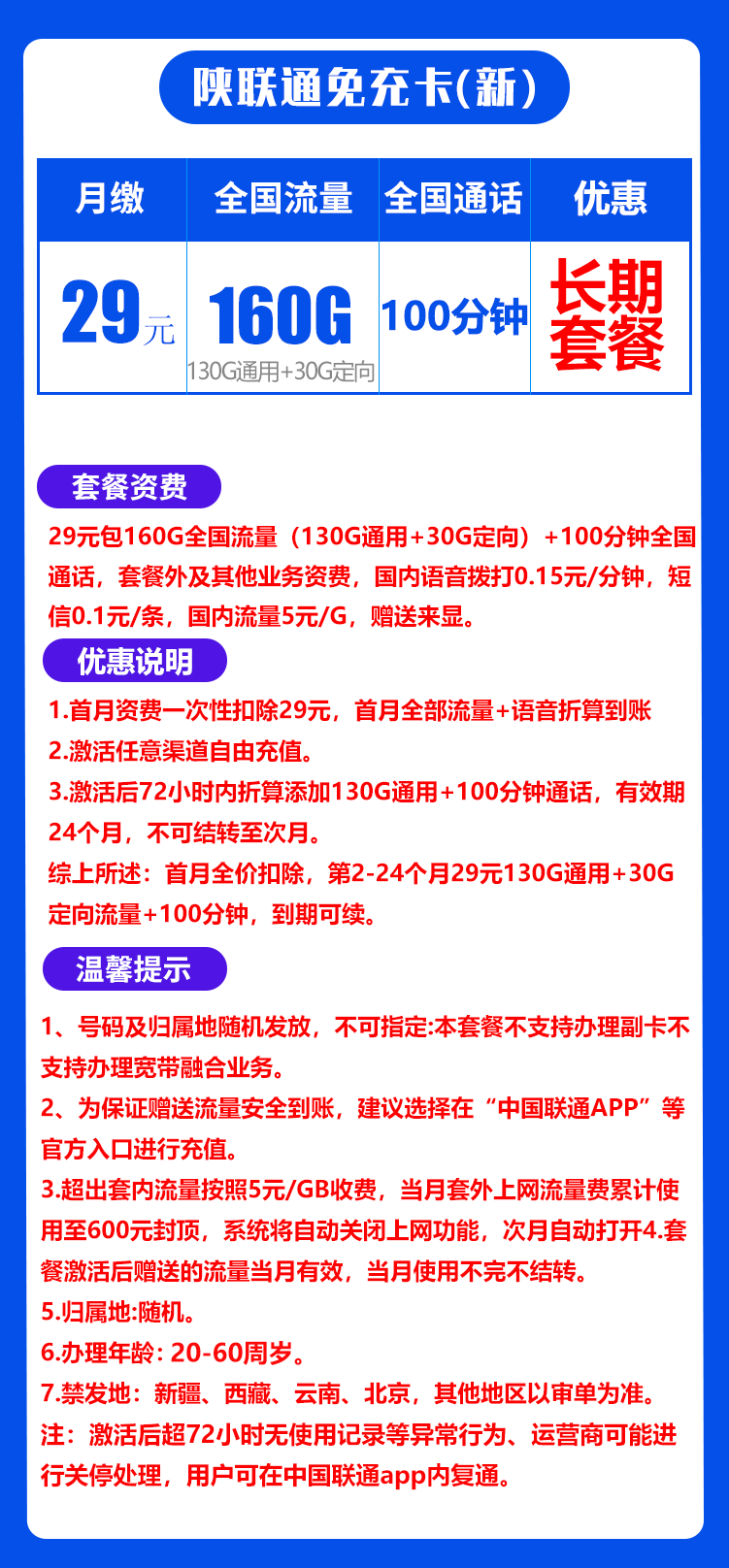 新陕联通免充卡29元160G+100分钟（长期套餐）
