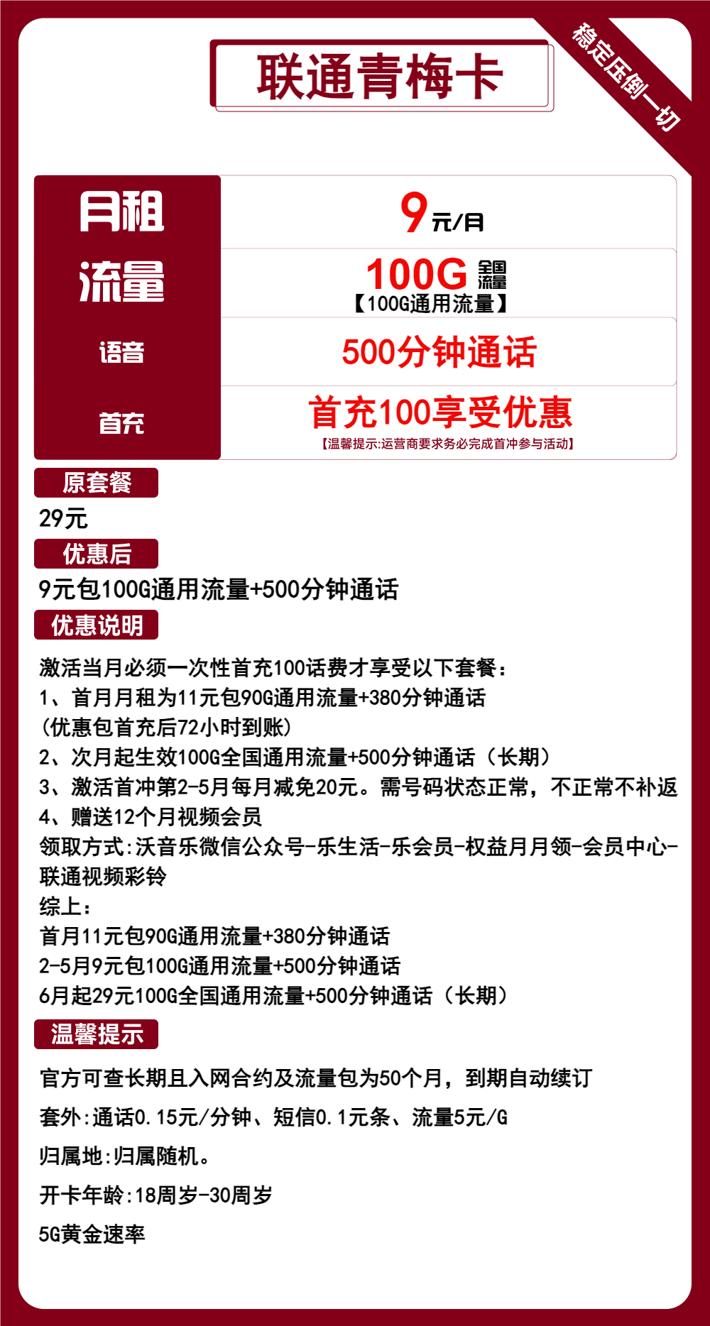 联通青梅卡9元包100G通用+500分钟通话+视频会员