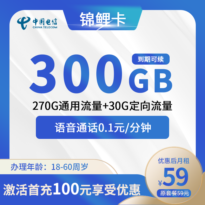 电信锦鲤卡59元包270G通用流量+30G定向流量+0.1元/分钟