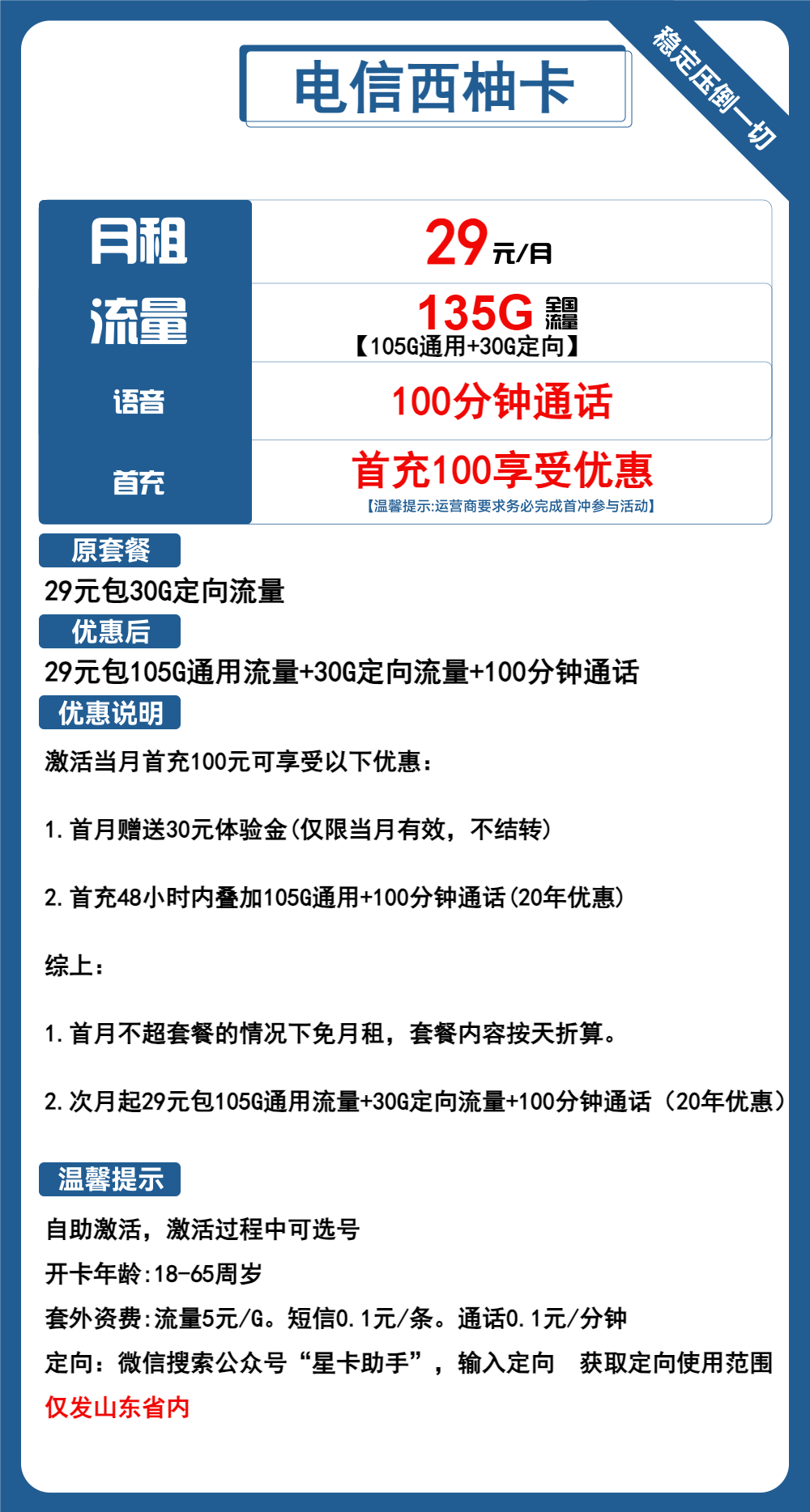 电信西柚卡29元包105G通用+30G定向+100分钟通话