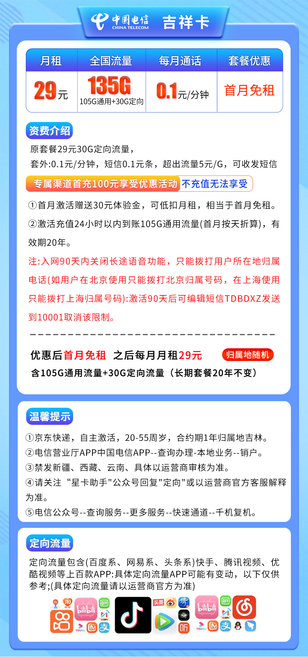 电信吉祥卡29元135G长期20年不变