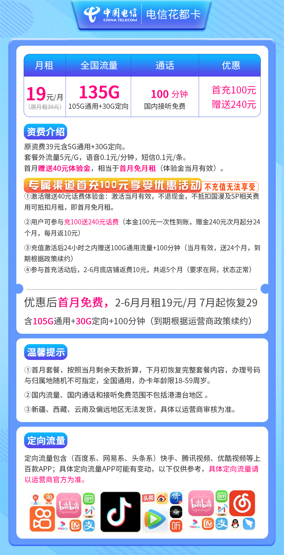 电信花都卡19元135G+100分钟