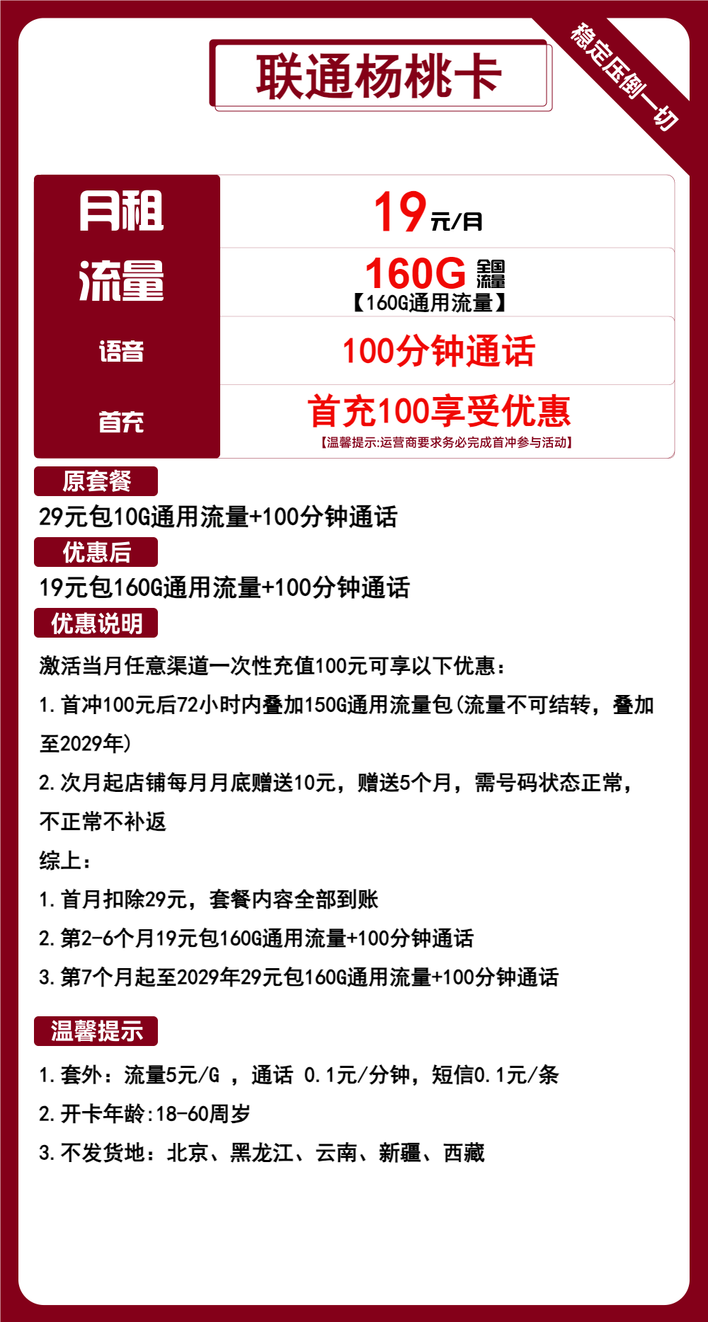 联通杨桃卡19元包160G通用+100分钟通话