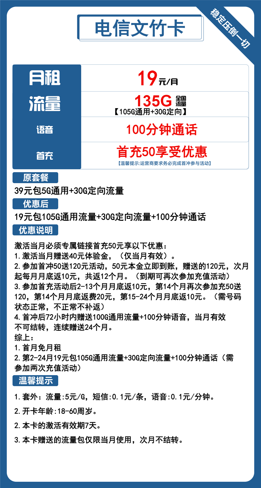 电信文竹卡19元包105G通用+30G定向+100分钟通话