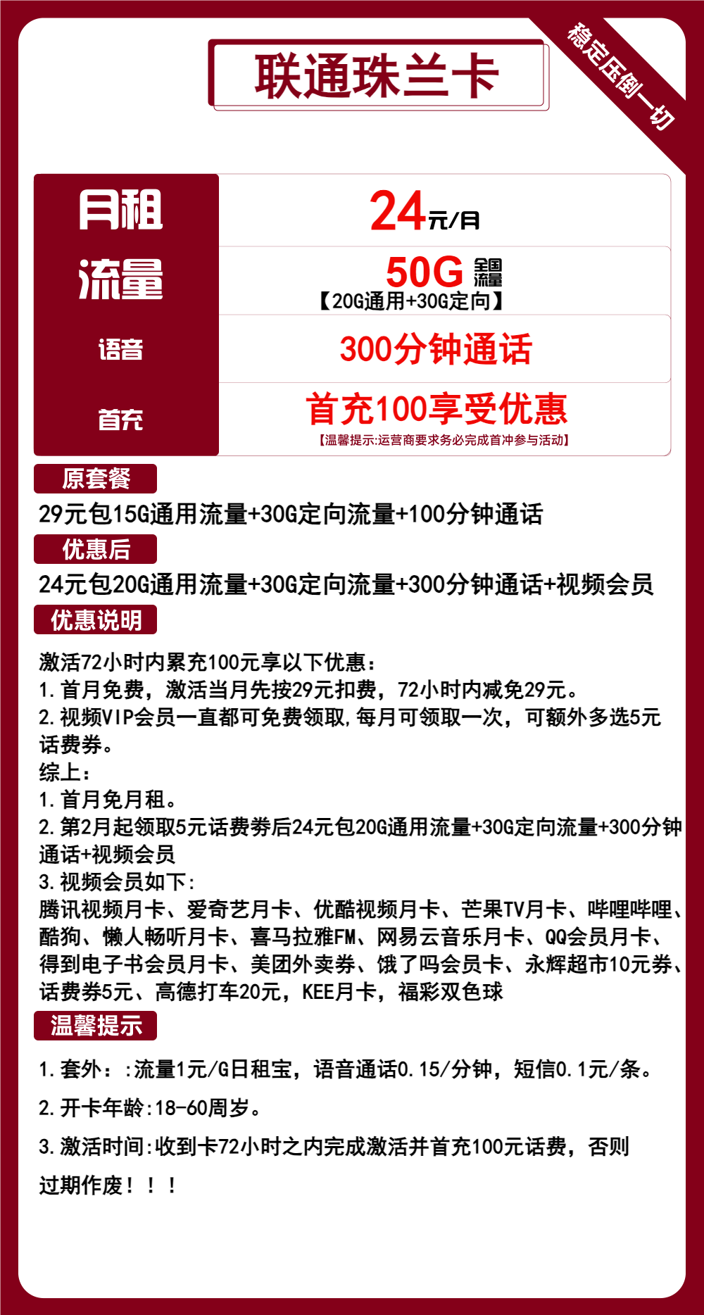联通珠兰卡24元包20G通用+30G定向+300分钟通话+视频会员