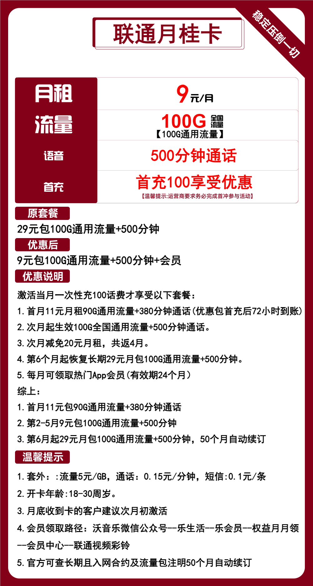联通月桂卡9元包100G通用+500分钟通话+视频会员