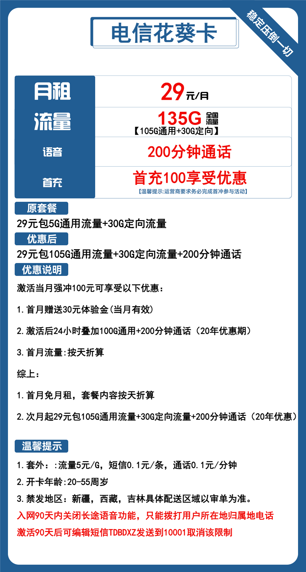 电信花葵卡29元包105G通用+30G定向+200分钟通话