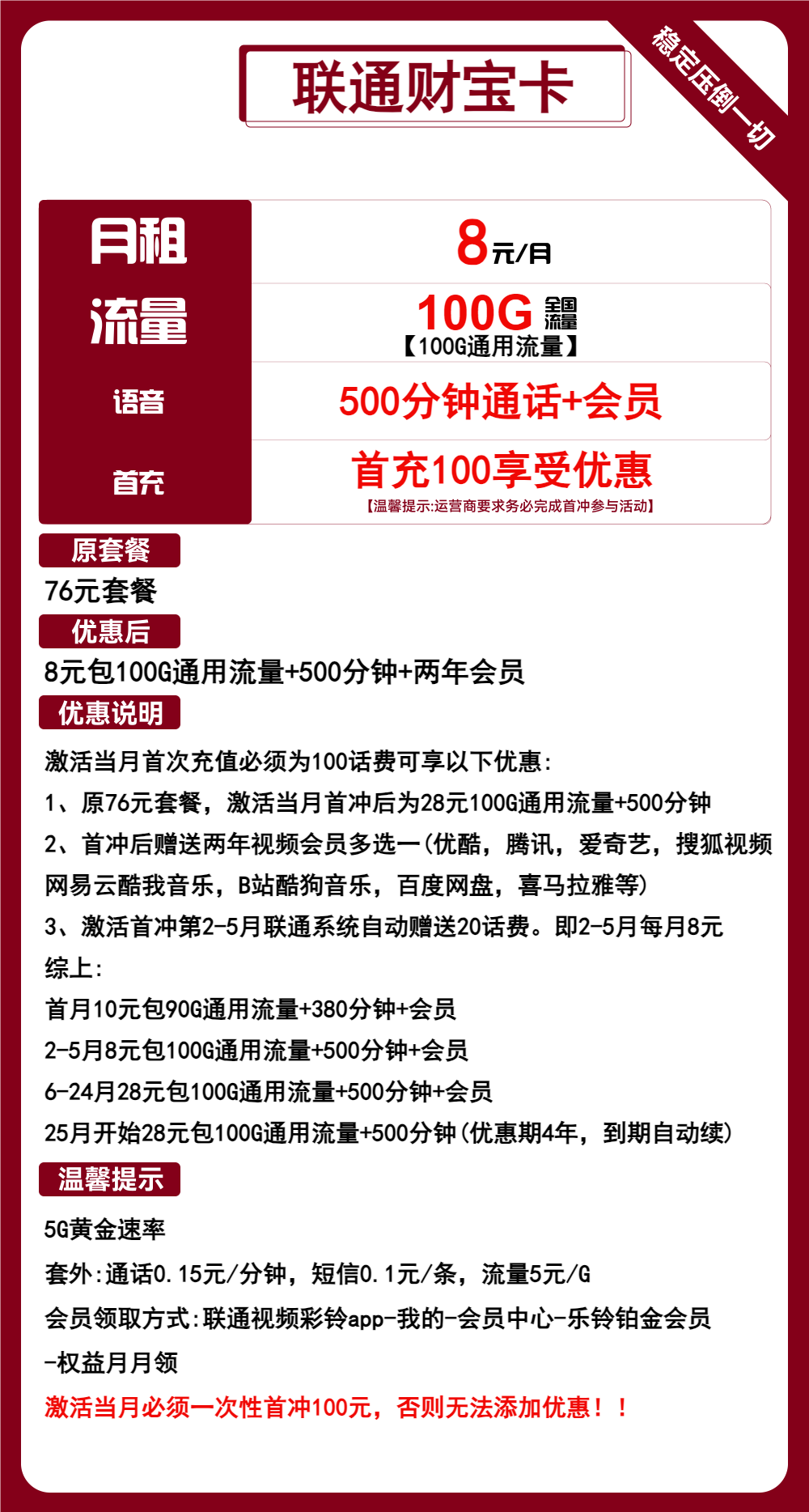 联通财宝卡8元包100G通用+500分钟+视频会员