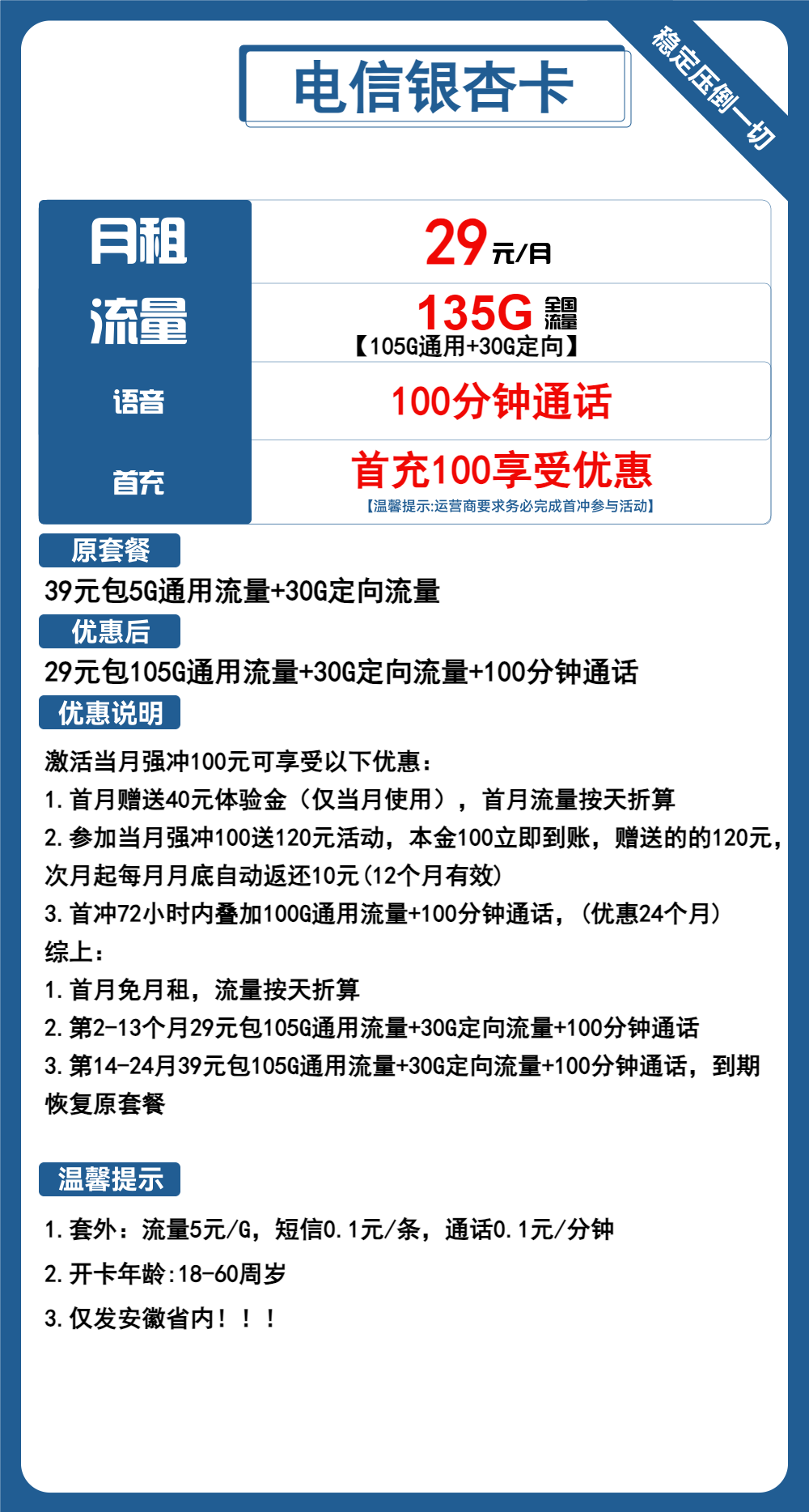 电信银星卡29元包105G通用+30G定向+100分钟通话