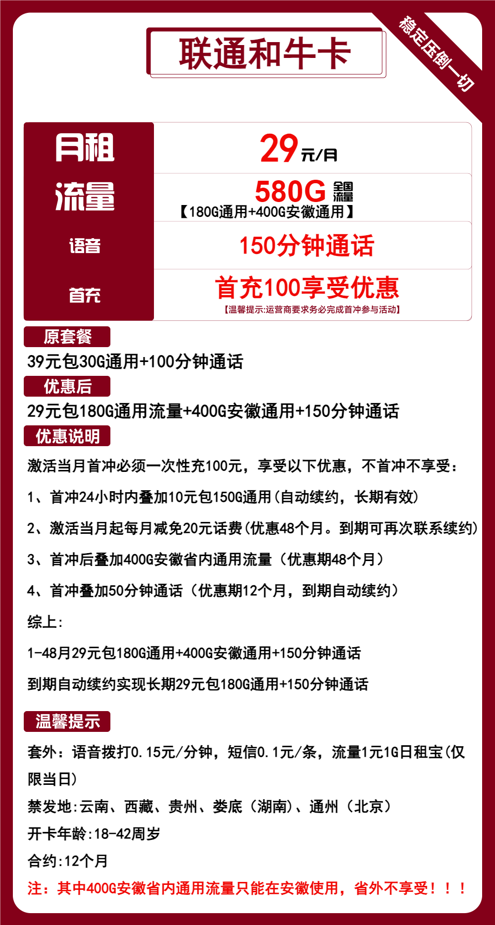 联通和牛卡29元包180G通用+400G安徽通用+150分钟