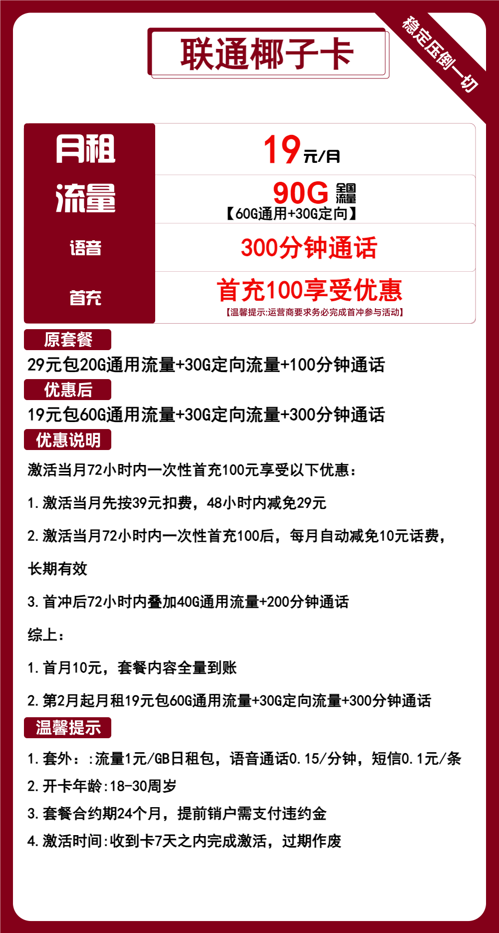 联通椰子卡19元包60G通用+30G定向+300分钟通话