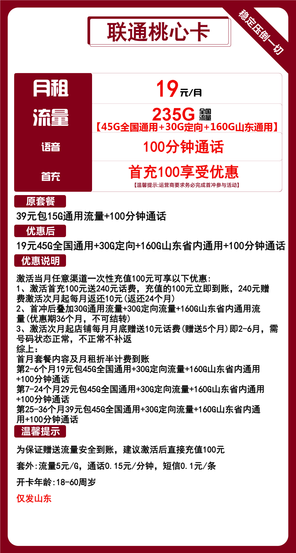 联通桃心卡19元包45G全国通用+30G定向+160G山东通用+100分钟