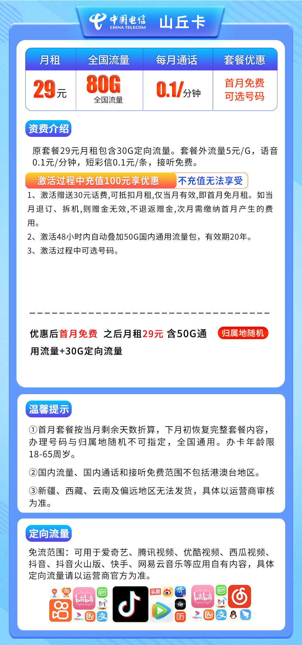 电信山丘卡29元80G【20年长期套餐发全国】