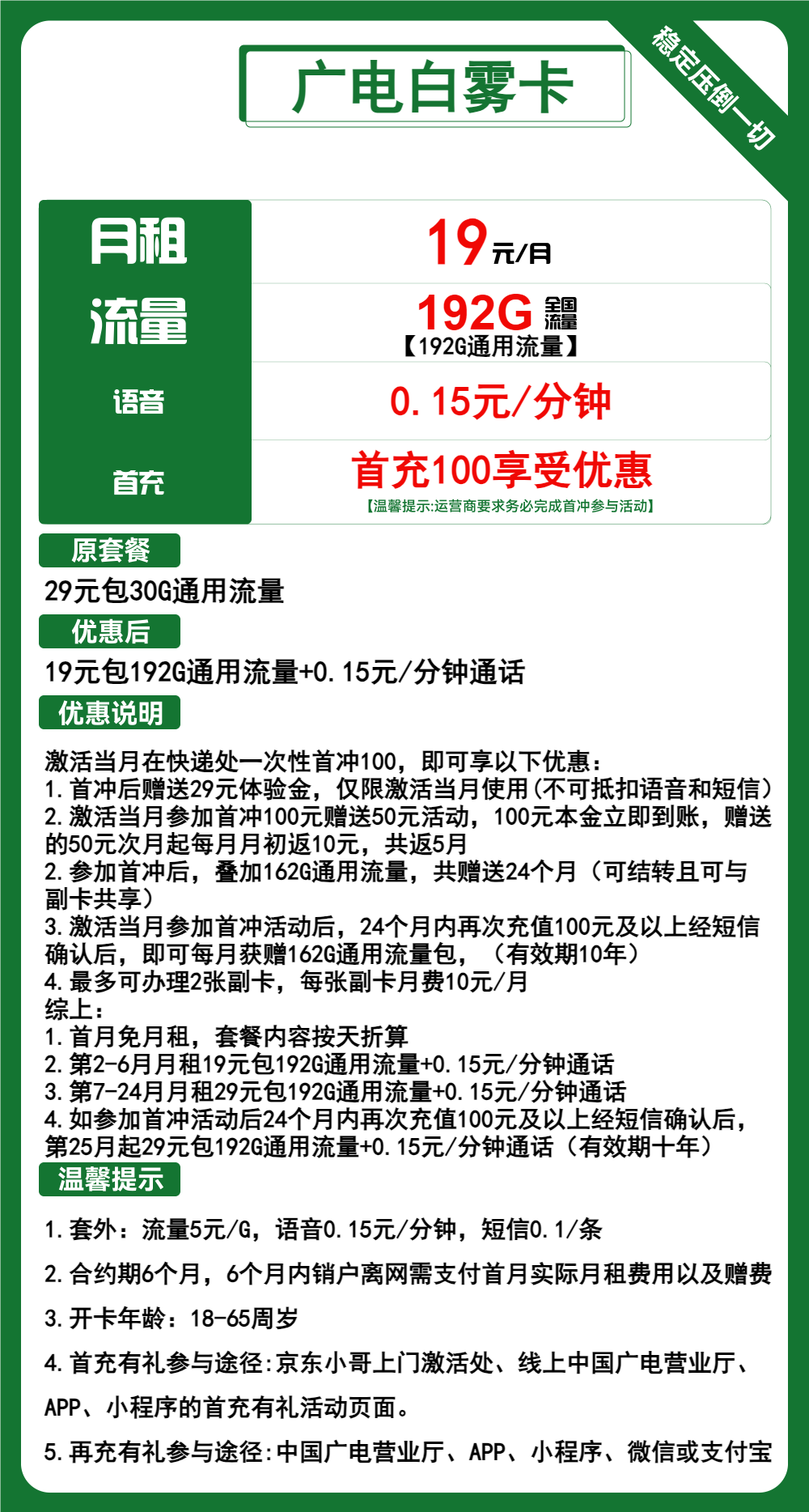 广电白雾卡19元包192G通用+通话0.15元/分钟