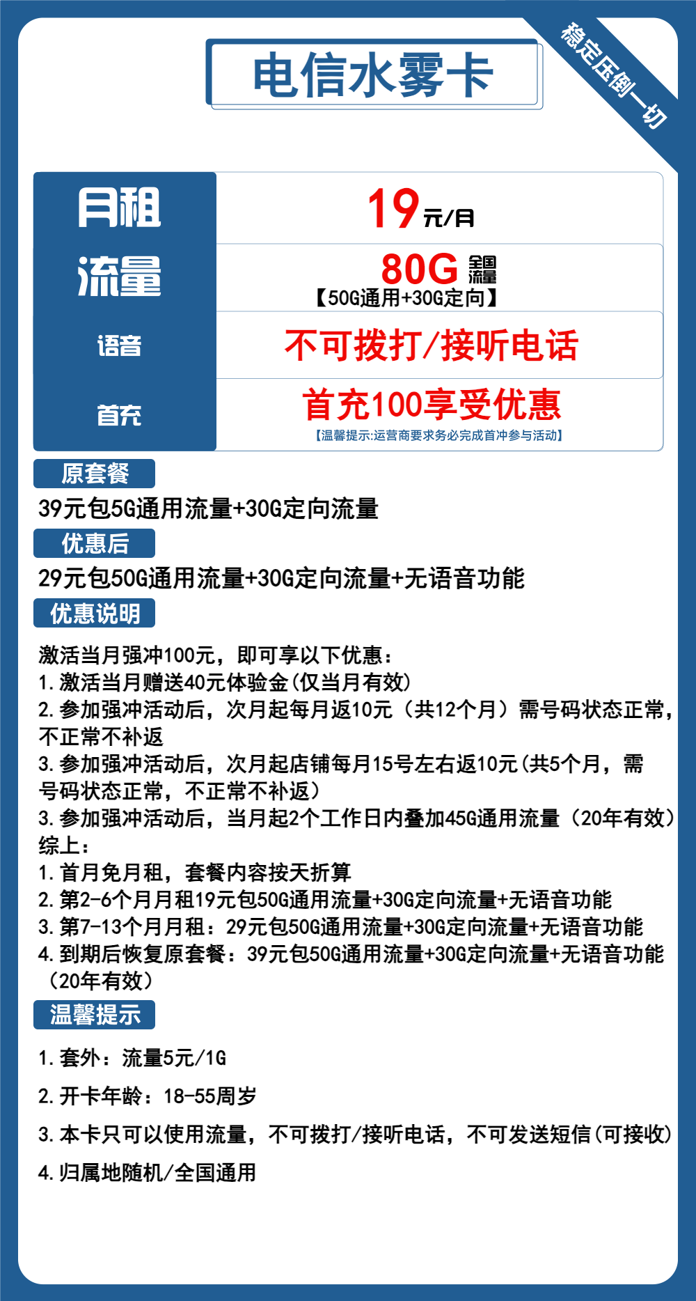 电信水雾卡19元包50G通用+30G定向+无语音功能